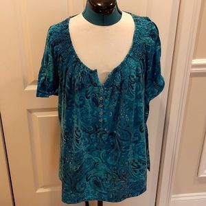 Teal Paisley Ruched Collar Tee XL